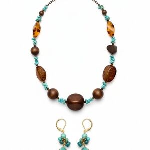 Turquoise and Brown Beaded Necklace and Earring Set